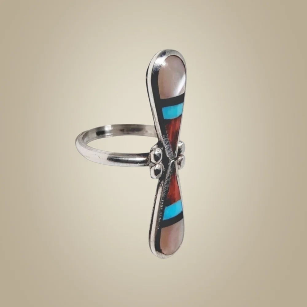 Zuni Sterling Silver Inlay Ring w/MOP, Coral, Turquoise & Onyx – Size 5.25